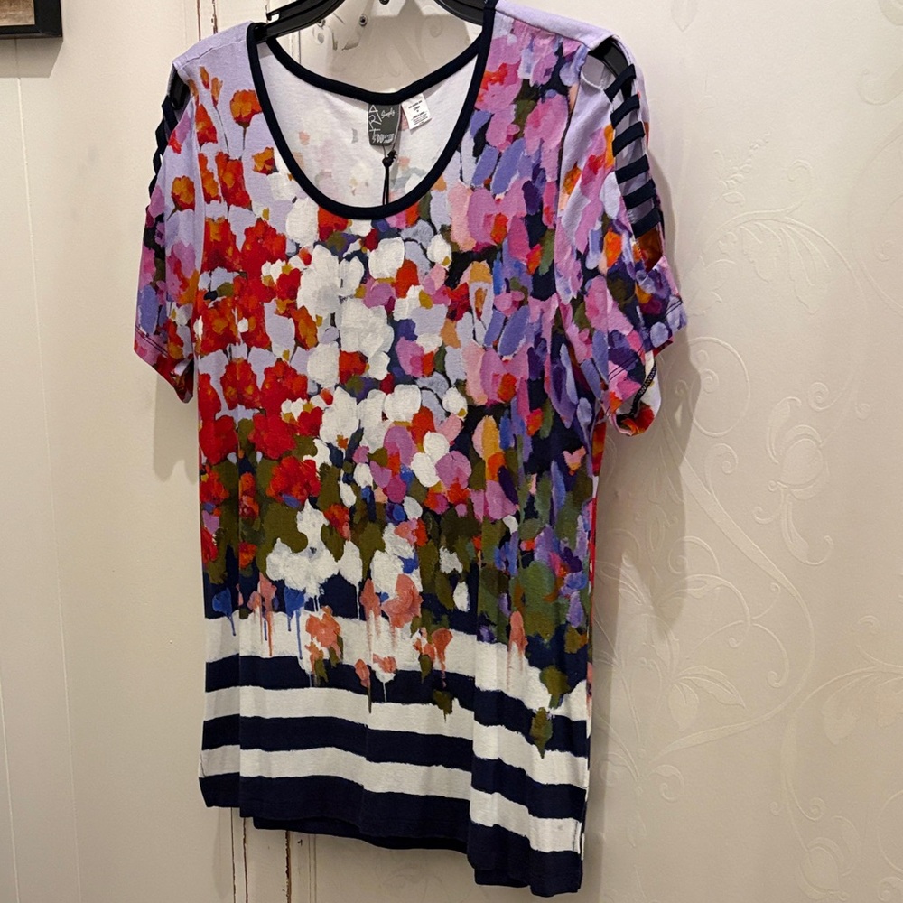 Floral Brushstroke Stripe Short-Sleeve Tee - Purple Multicolor NWT S, M. Canada
